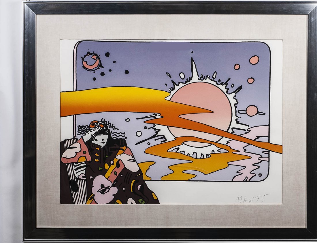 PETER MAX (German/American. Born 1937): "Untitled". Signed and dated '75 in pencil l/r margin and numbered 53/75. Color Lithograph. Sight measuring 24 1/2" by 33". Chrome frame behind Plexiglas, Plexiglas scratched will need replacement. (C
