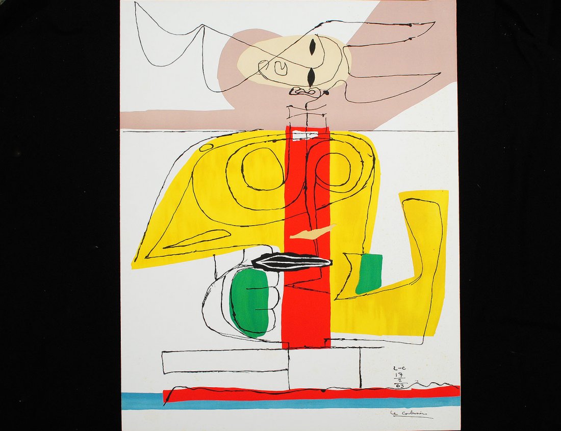 CHARLES-EDOUARD LE CORBUSIER (Swiss/French. 1887-1965): "Je 'Revais". Circa 1960. From Cortege. Signed in the plate and numbered 208/300. Color Lithograph. Sheet measuring 27 3/4" by 40 1/2". Framed behind glass. (Cond: good) (100/500)