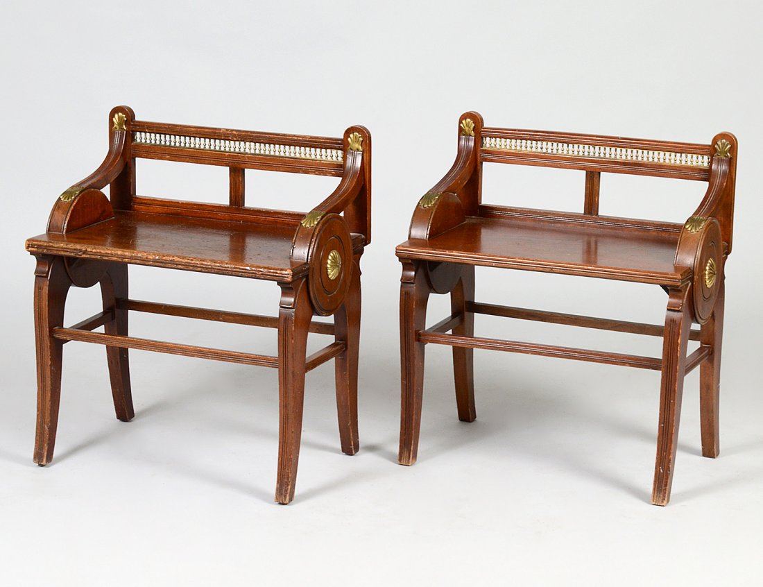 PAIR OF ANTIQUE SMALL BENCHES: With brass mounts. Height 24". Width 21 1/4". (Cond: one needs repair to mountings) (100/500)