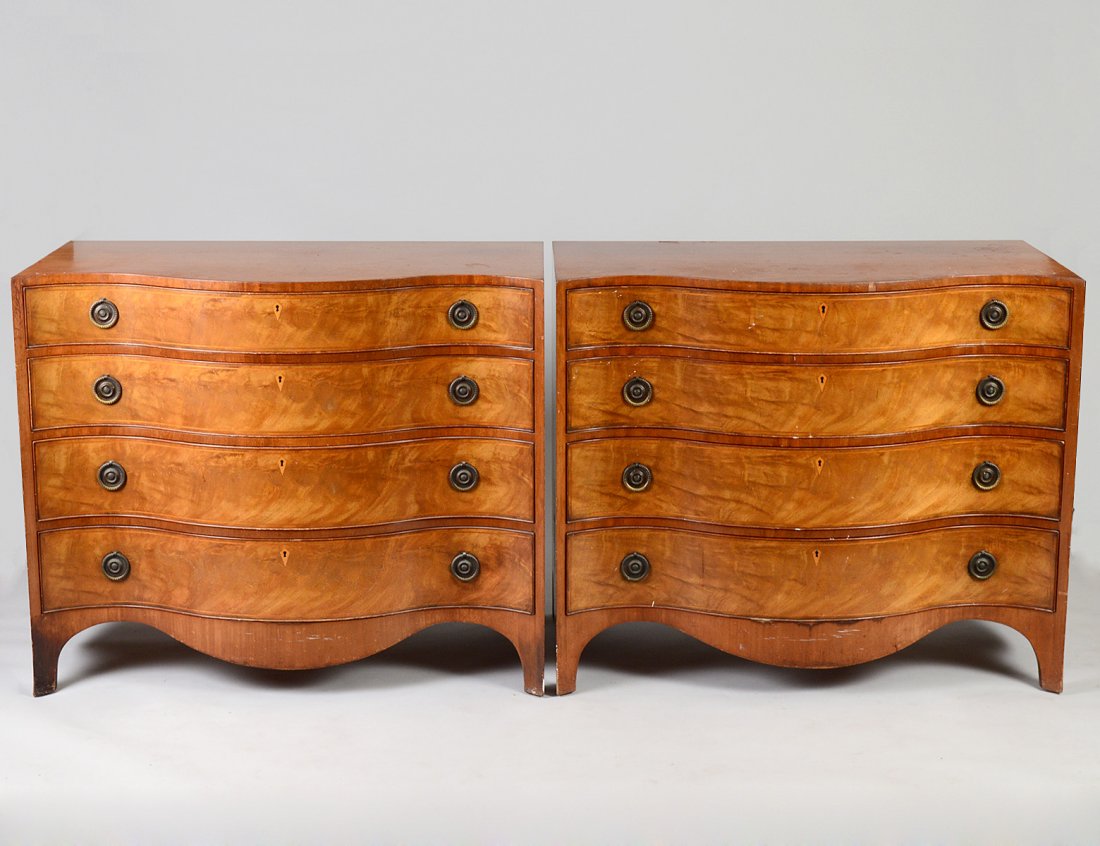PAIR OF AMERICAN REPRODUCTION SERPENTINE CHESTS: By Beacon-Hill Collection. Height 34 1/2". Width 42". Depth 22". (Cond: some nicks) (100/500)