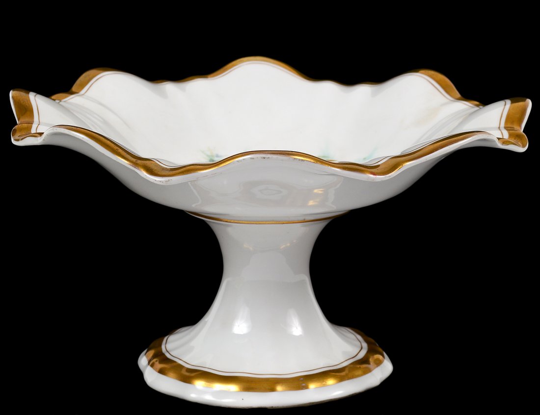 KPM PORCELAIN PEDESTAL FRUIT STAND: German. 20th Century. Underglazed blue scepter and K.P.M. Painted with flowers. Diameter 10 1/8". (100/500)