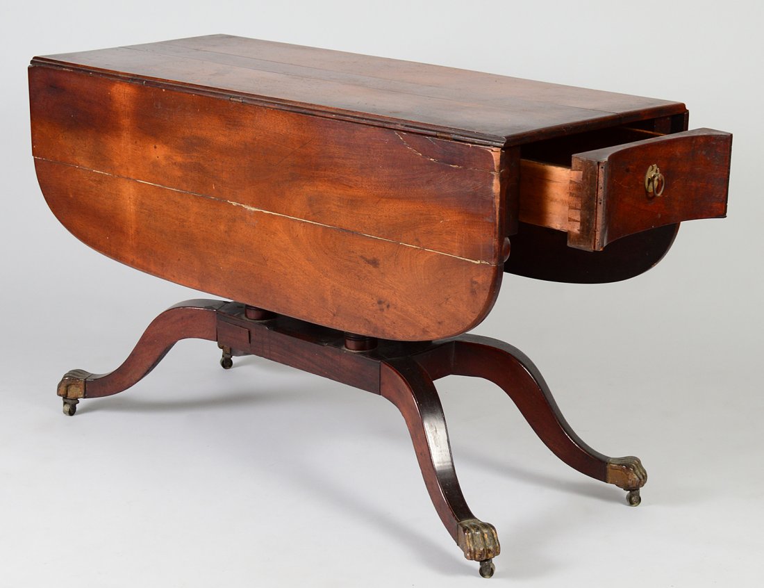 ANTIQUE PHYFE STYLE DROP LEAF TABLE WITH DRAWER: 19th Century. Height 30". Length 47". Depth 20". (Cond: needs repairs) (100/500)