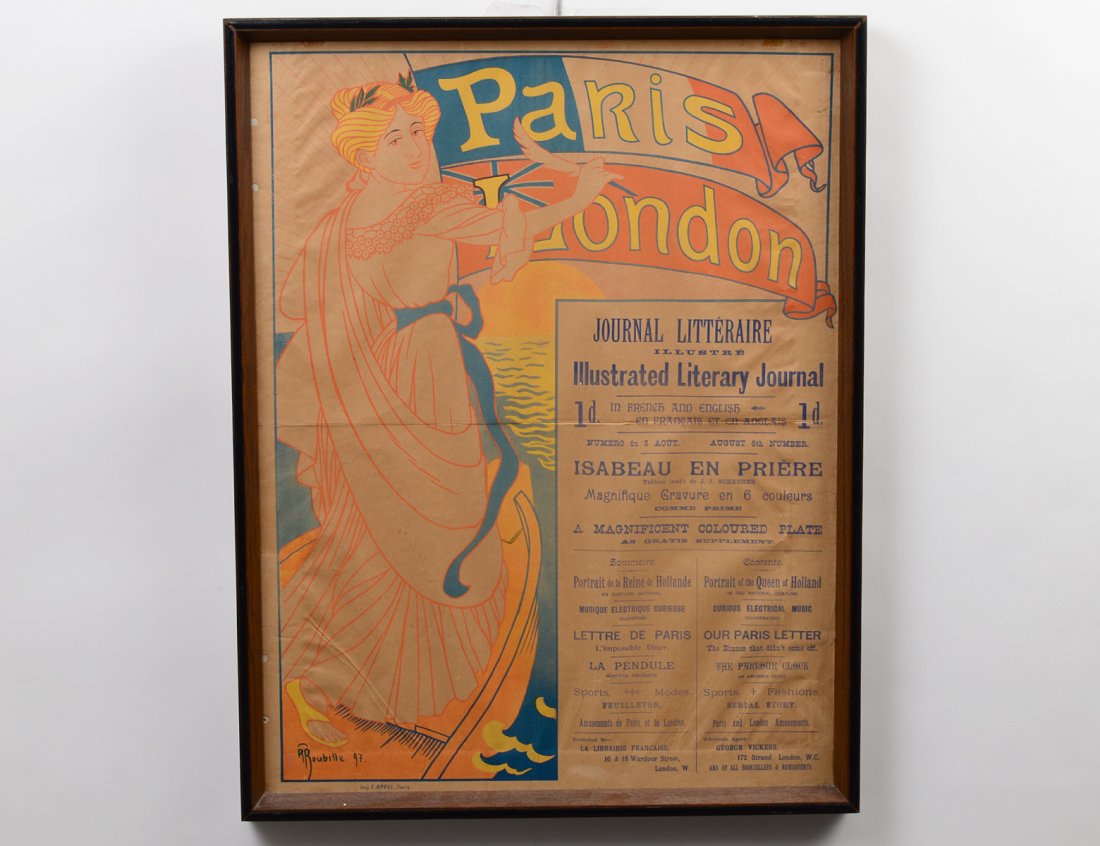 AUGUSTE ROUBILLE (1872-1955): Circa 1897 French Pochoir. "Paris London, Journal Litteraire". Signed "A. Roubille '97" l/l in the plate. Imp. F. Appel, Paris printed in the l/l margin. Measuring 25 1/4" by 18 1/4". (Cond: punch hol