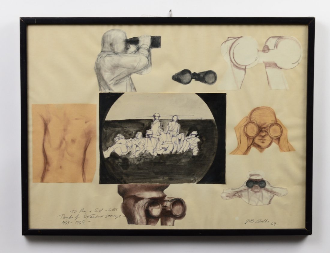 JOHN BARNES DOBBS (1931-2011): "Military Sketches". Signed "J.B. Dobbs '69" l/r. Ink, Pencil and Wash on Paper. Measuring 15 1/2" by 20". Framed. (Cond: soft creases) (100/500)