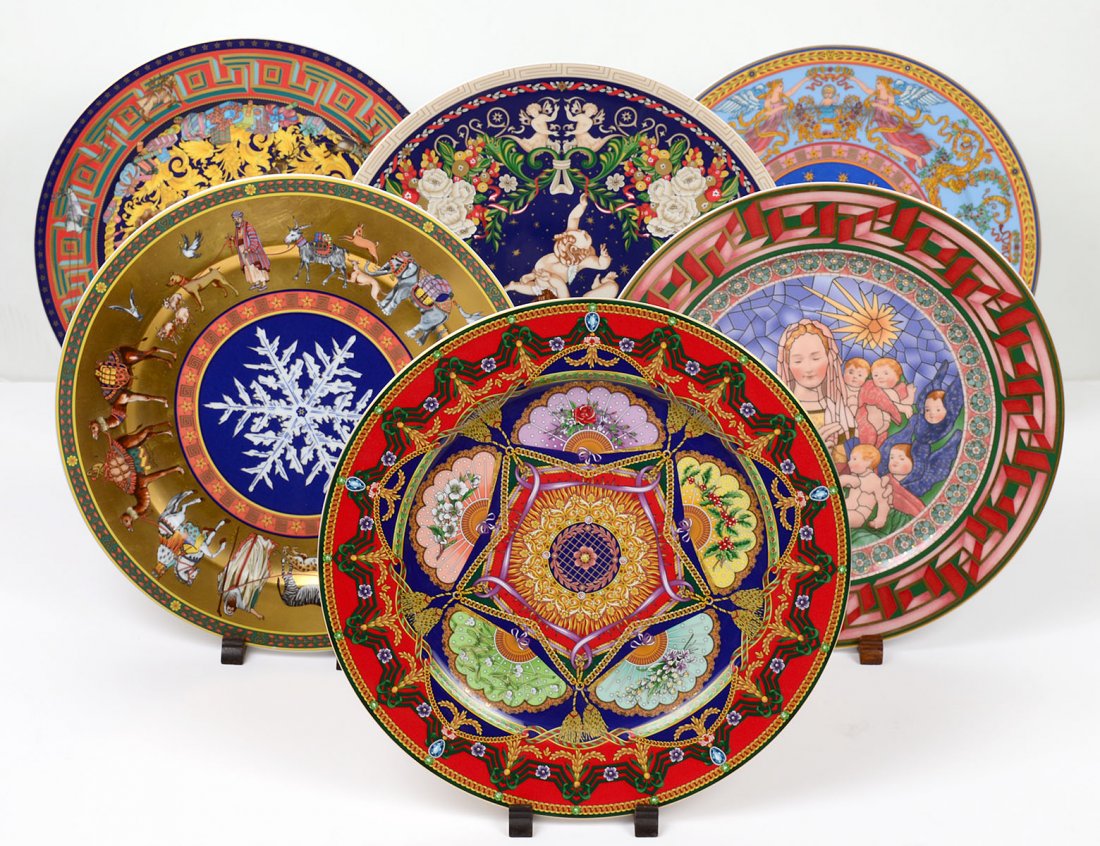 GROUP OF SIX ROSENTHAL PORCELAIN CHRISTMAS PLATES: German. Each designed by Versace. Limited Edition. Diameter 12 1/8". (100/500)