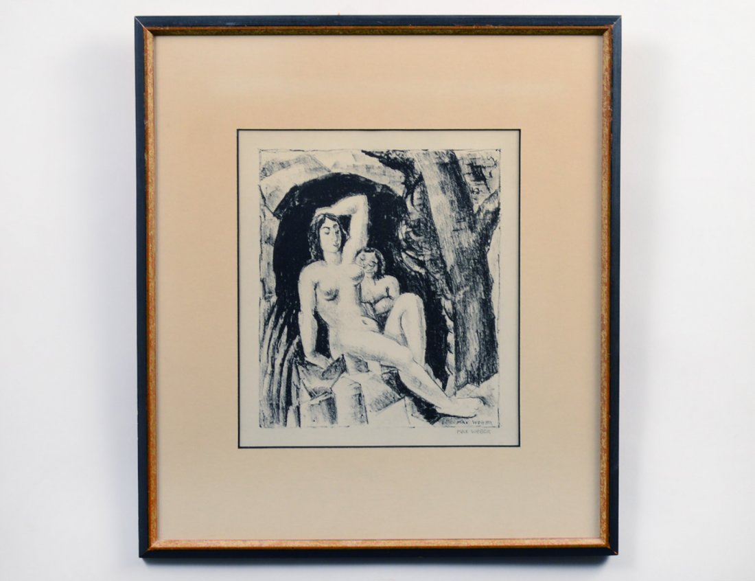 MAX WEBER (Russian/American. 1881-1961): "Mother and Child". Signed in pencil l/r and signed in the plate. Lithograph. Image measuring 8 1/2" by 7 1/4". Framed behind glass. (Cond: good) (300/400) Provenance: The Downtown Gallery, N.Y. Berna