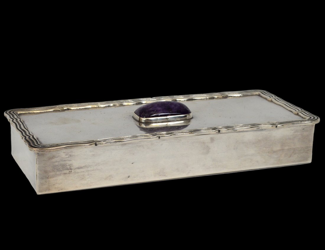 STERLING SILVER BOX: Mexican. By Sanborns. The rectangular hinged lid centered by a sodalite cabochon. Length 8 5/8". (18 oz) (250/350)