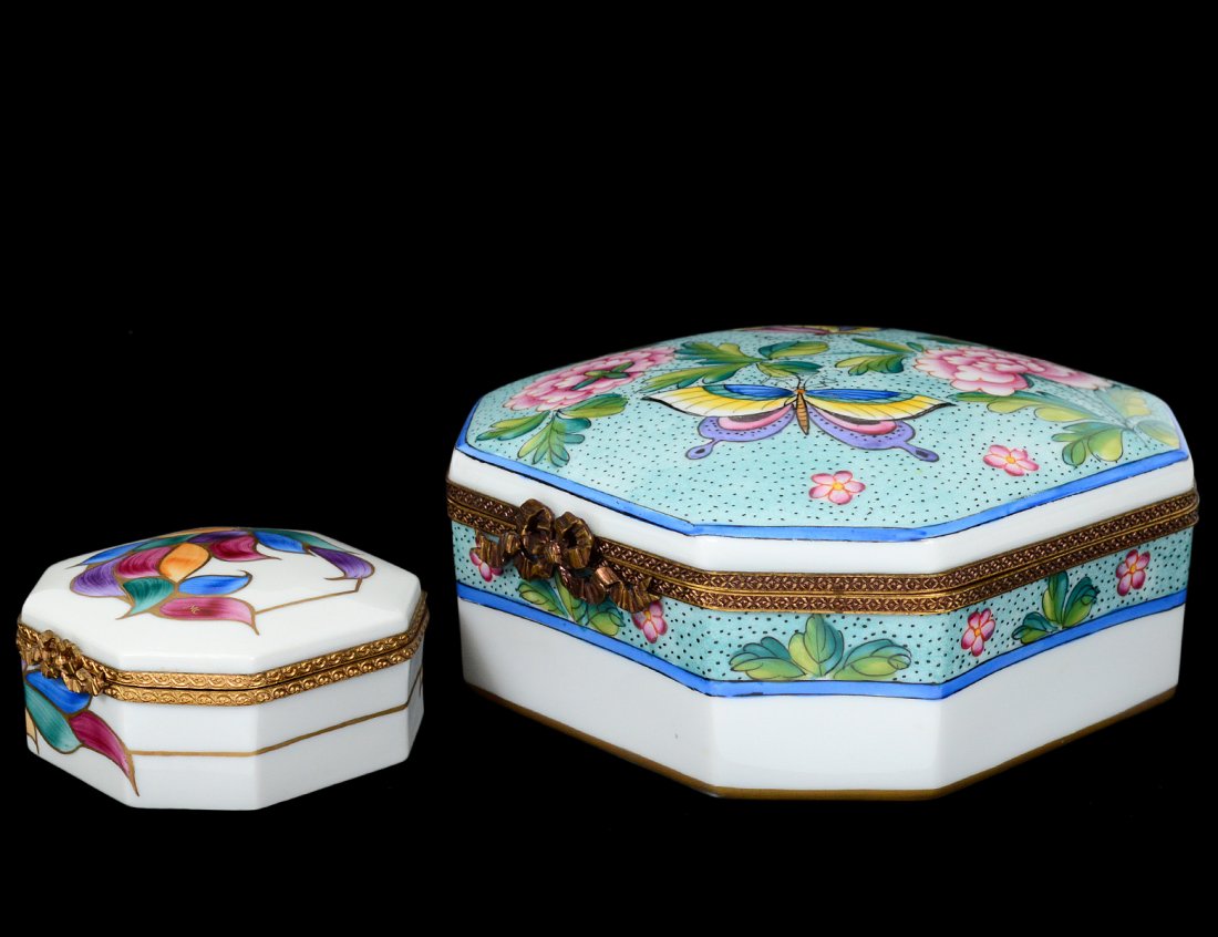 TWO LIMOGES PORCELAIN BOXES: French. Each hand painted with figures. Diameters 5 3/4" and 3". (100/150)