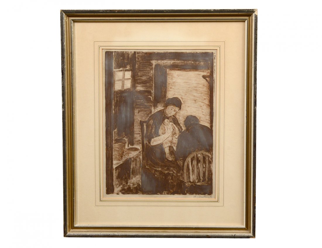 ABRAHAM WALKOWITZ (Russian/American. 1875-1965): "Mother and Child". Signed in pencil l/r margin. Monotype. Sight measuring 12 1/2" by 9 1/2". Framed behind glass. (Cond: has margins) (200/300) Provenance: Bernard Dannenberg Galleries, Inc., N.Y.