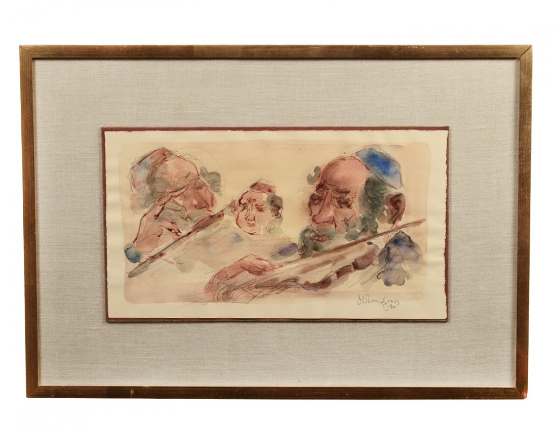 CHAIM GROSS (Austrian. 1904-1991): "Judaica Studies of Men and Violins". Signed in pencil l/r. Watercolor and Pencil on Paper. Sheet measuring 8" by 14 1/4". Gilded frame behind glass. (Cond: good) (150/200)