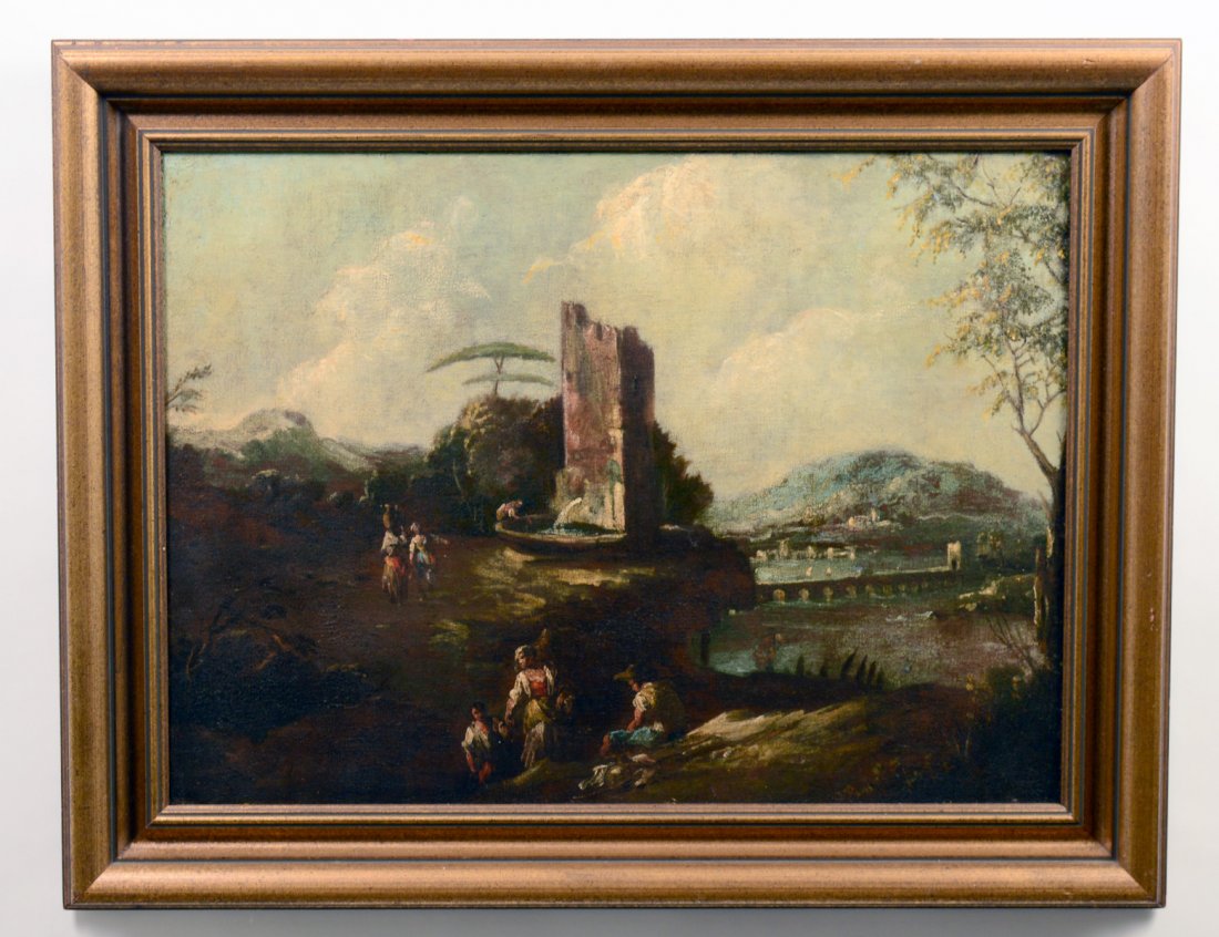 SCHOOL OF FRANCESCO ZUCCARELLI (Italian. 1702-1788): "Landscape with Antiquated Ruins, Well and Figures". No visible signature. Oil on Canvas. Measuring 19 1/4" BY 26 1/4". Framed. (Cond: relined, has scattered fine crazing, minor inpainting) (700/900)