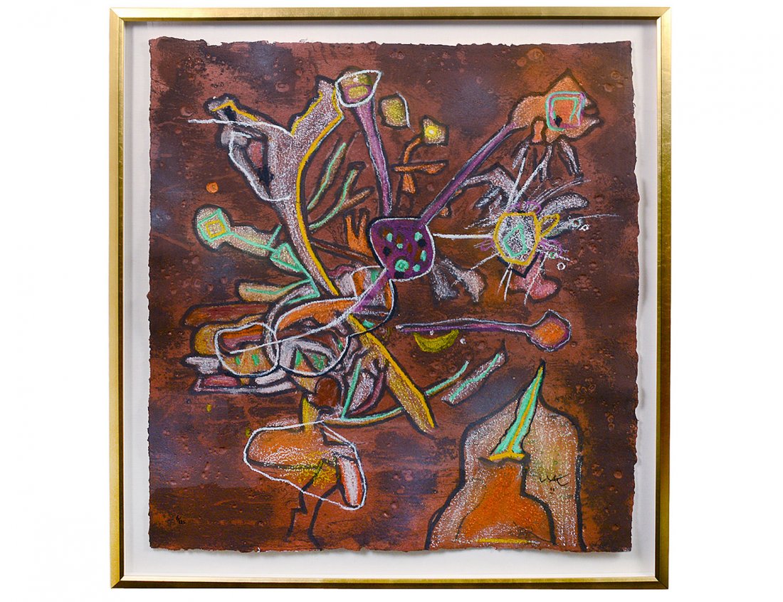 ROBERTO MATTA (Chilean. 1911-2002): "New View". Signed l/r. Circa 1996. Numbered 6/125. Etching with Carborundum. Sheet measuring 48 1/2" by 38 1/2". Gilded frame behind Plexiglas. (Cond: good) (5000/7000)