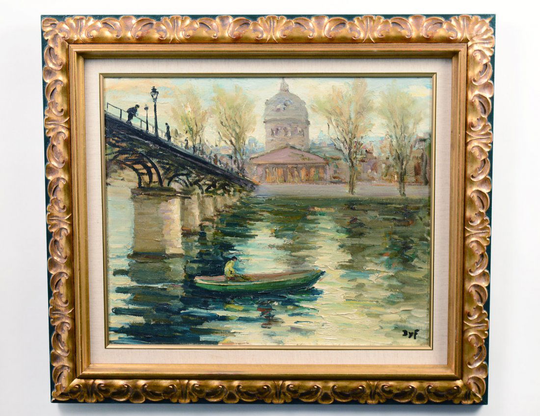 MARCEL DYF (French. 1899-1985): "Boat on the Seine River, Paris". Signed "Dyf" l/r. Oil on Canvas. Measuring 18" by 21 3/4". Framed. (Cond: good) (12000/15000)