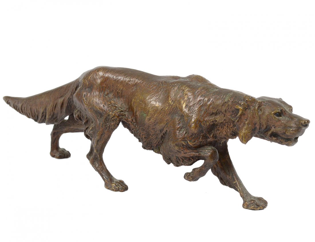 BERGMAN VIENNA BRONZE FIGURE OF A POINTER: Austrian. Circa 1900. Stamped with Bergman Foundry, Geschutz and No. 230? Length 11 3/4". (300/400)