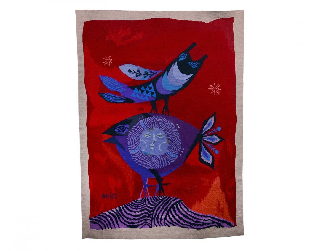 SAMI BRISS (French/Israeli. Born 1930): "Bird and Fish". Signed. Tapestry labeled and numbered 2/5, executed at Itche Mambush Work Shop, Ein Hod Artist's Village, Israel. Measuring 56" by 42". (Cond: good) (600/800)