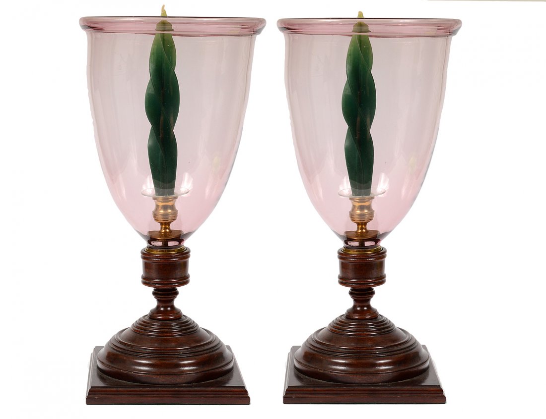 PAIR OF WOOD CANDLE HOLDERS: Each ring turned on square bases, fitted with large glass hurricane shades. Height 20 1/2". (150/200)