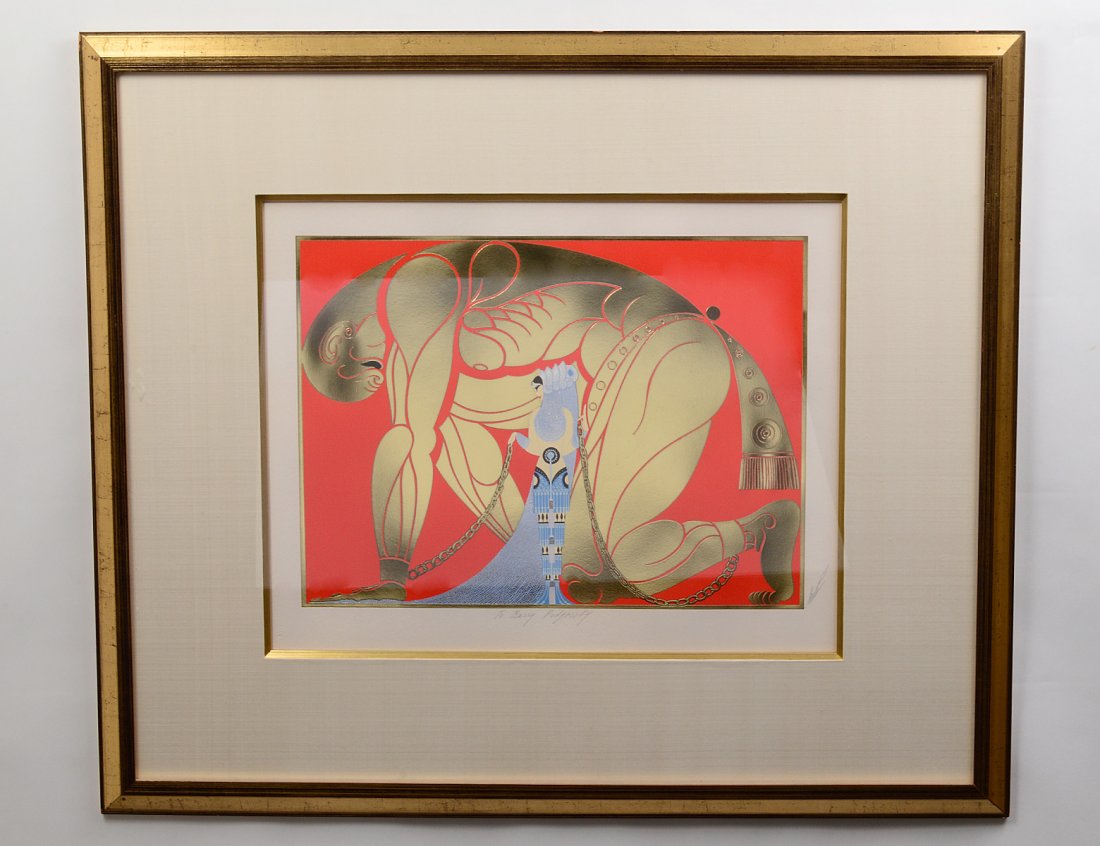 ROMAIN DE TIRTOFF ERTE (Russian/French. 1892-1990): "Samson & Delilah". Signed in pencil l/r. Inscribed in the lower margin. Embossed Serigraph with Gold Foil. Image measuring 15" by 20 1/2". Has margins. Sight measuring 18 1/4" by 23". Framed behind g