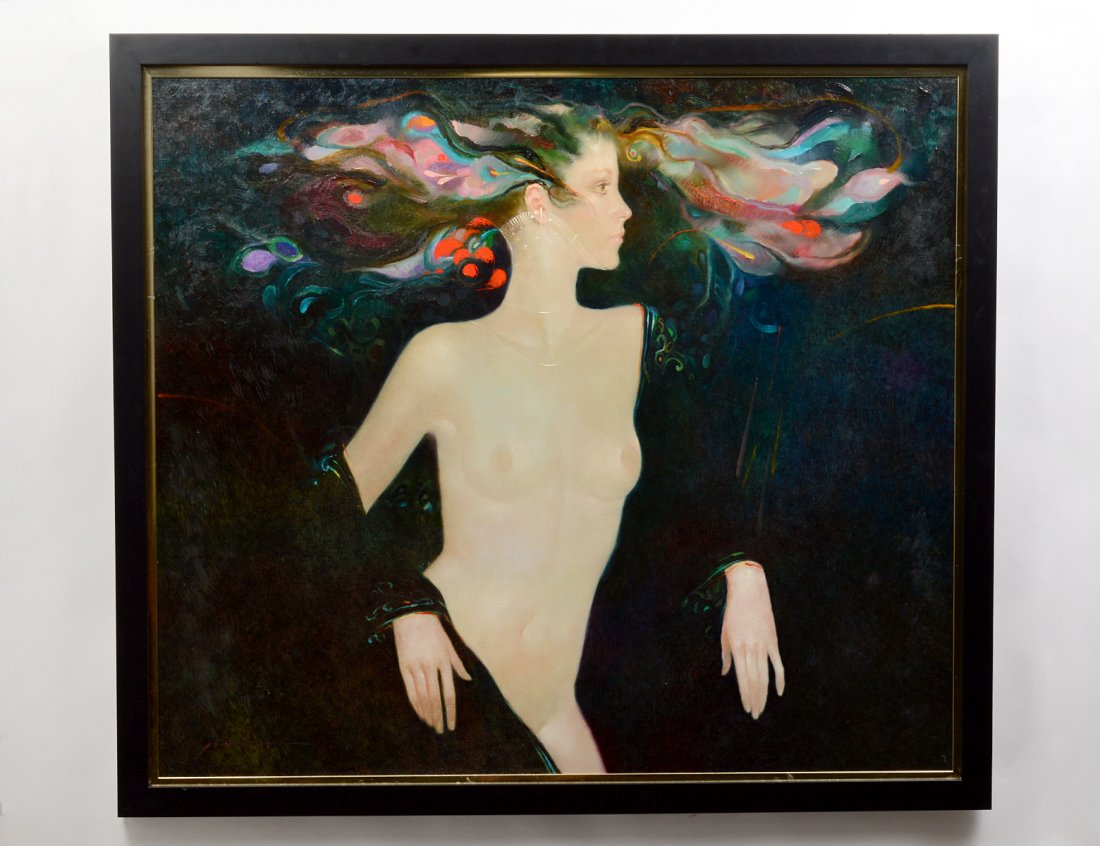 FELIX MAS (Spanish. Born 1935): "Leda". Signed l/l. Verso titled, inscribed and signed by the artist. Oil on Canvas. Measuring 35" by 40". Framed. (Cond: good) (1500/2000)