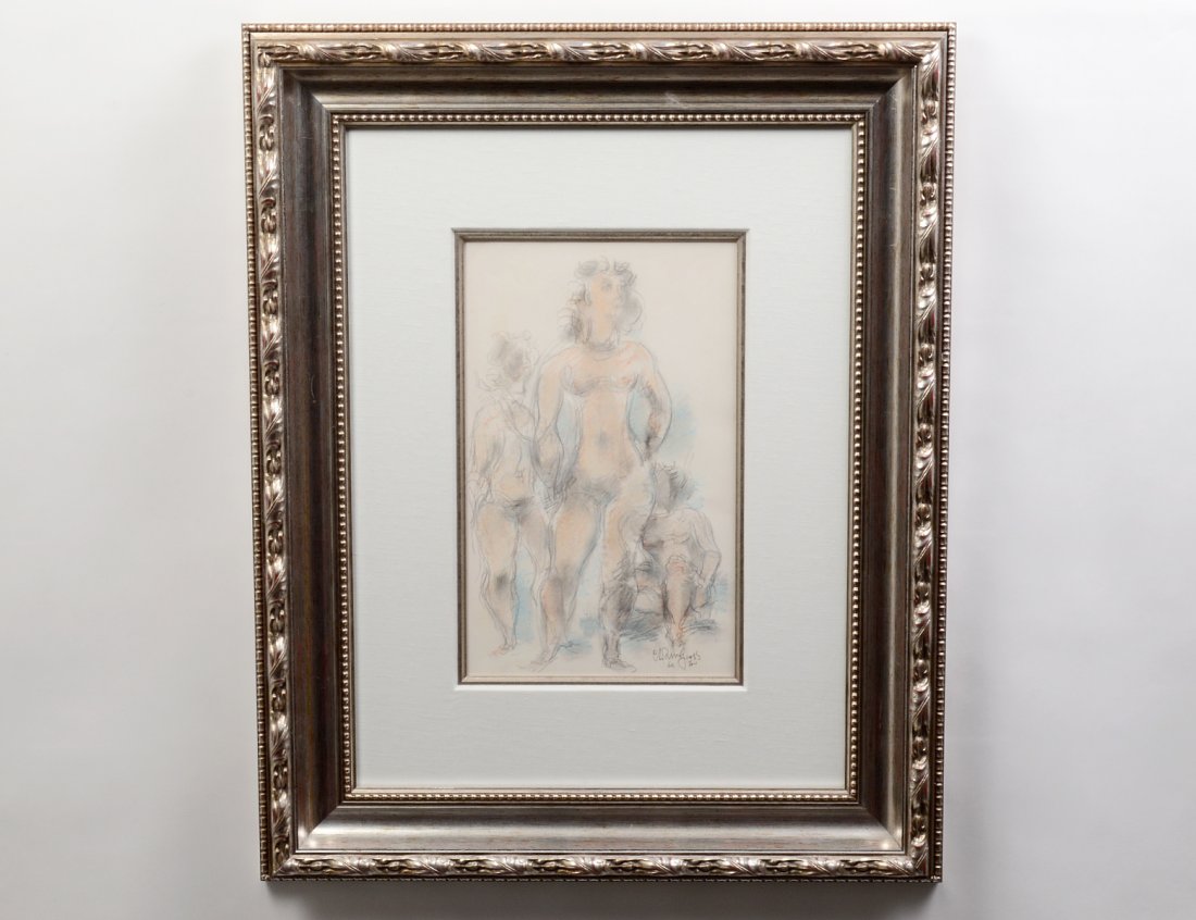 CHAIM GROSS (American. 1904-1991): "Standing Female Models". Signed and dated '66 l/r in pencil. Pencil and Colored Pencil on Paper. Sight measuring 16 1/4" by 10". Silvered frame behind Plexiglas. (300/500)