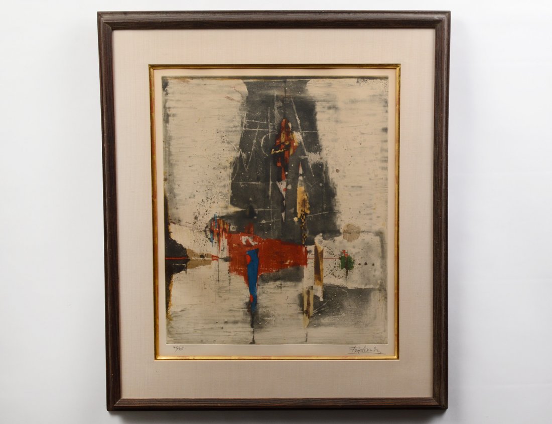 JOHNNY FRIEDLANDER (German. 1912-1992): "Abstraction". Signed in pencil l/r and #76/85. Color Engraving with Aquatint. Image measuring 19 1/4" by 16 1/4". Has margins. Sight measuring 21" by 17 1/4". Framed behind glass. (Cond: some toning)