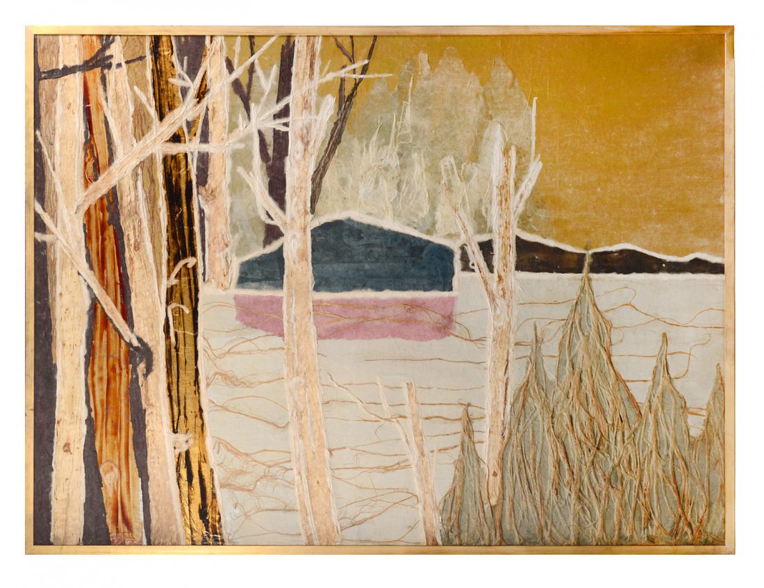 KASUGAI MASAYOSHI (Japanese. Born 1921): "Untitled". Hand Made Paper and Fibers on a Board. Measuring 54 1/2" by 74 1/2". Framed. (Cond: slight warp to board) (800/1000)