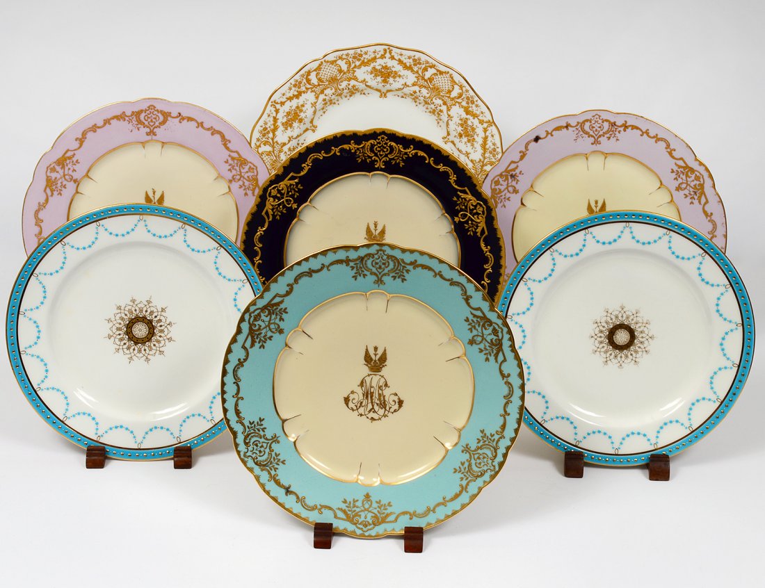 GROUP OF SEVEN ASSORTED PORCELAIN PLATES: Comprising: three "Sevres", two Mintons, Royal Doulton and a German. (200/300)