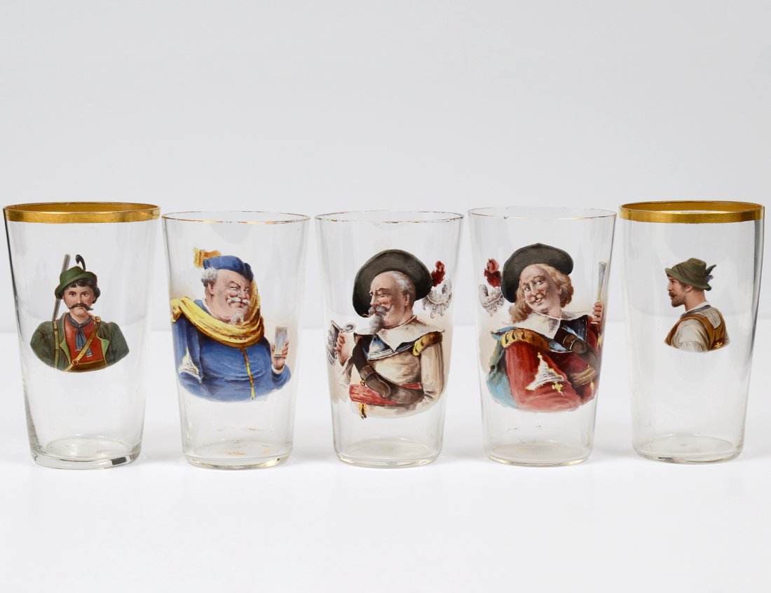 SET OF FIVE ENAMELED GLASSES: Bohemian. Each decorated with a portrait. Height 3 5/8". (50/70)