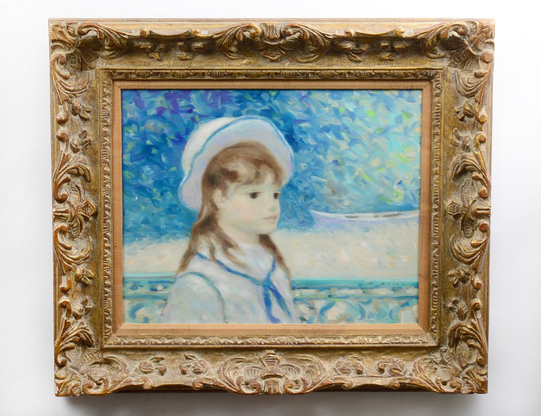 ANDRE GISSON (French. 1921-2003): "Girl on Balcony". Signed A. Gisson l/r. Oil on Canvas. Measuring 16" by 20". Framed. (Cond: good, surface fine, no inpainting apparent under u.v. light) (700/1000) Provenance: Christopher St. Gallery