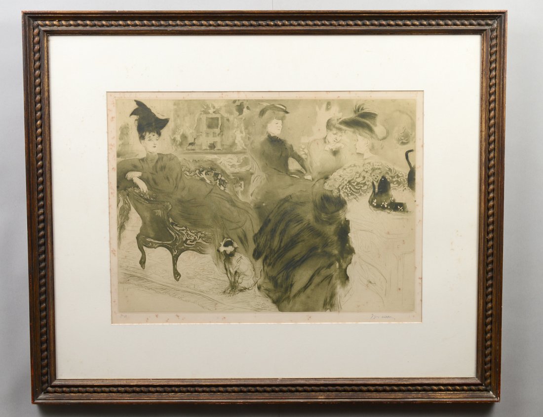 JACQUES VILLON (French. 1875-1963): "Le Potin". Circa 1905. Signed in pencil and No. 33. Edition of 50. Drypoint Aquatint. Image measuring 16 1/4" by 22 1/2". Sheet measuring 19 3/4" by 26". Framed. (Cond: some toning, foxing throughout