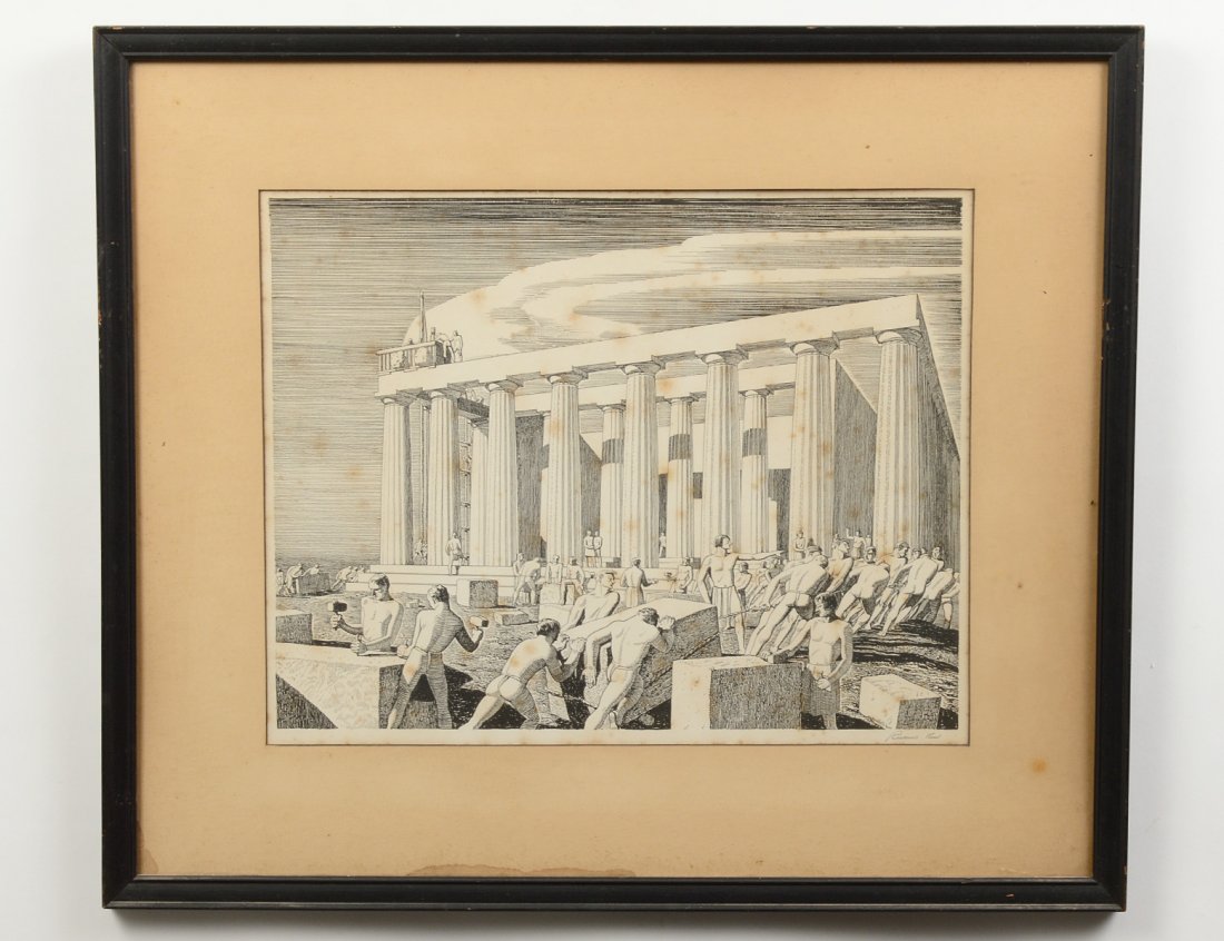 ROCKWELL KENT (American. 1882-1971): "Building the Temple". Circa 1940. Signed in pencil. Wood Engraving. Image measuring 11 3/4" by 15 1/4". Sheet measuring 16" by 21 1/2". Framed. (Cond: glued down to cardboard, glue residue from mat a