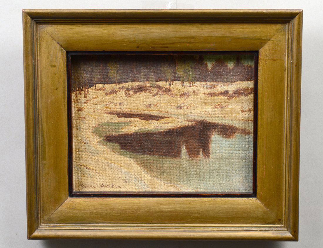FRANK (FRANZ) JOHNSTON, A.R.C.A. (Can. 1888-1949): "Open Water". Signed Franz Johnston l/l. Also signed and titled on the reverse. Oil on Canvas Board. Measuring 7 3/4" by 10". Framed. (Cond: good, no inpainting apparent under u.v. light) (6000/8000)