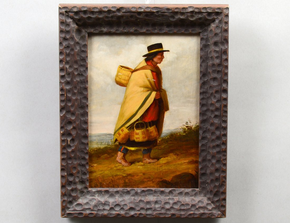 CORNELIUS DAVID KRIEGHOFF (Canadian. 1812-1872): "Indian Basket Seller". Signed C. Krieghoff l/r. Oil on Panel. Measuring 10 1/4" by 7 1/2". Carved frame. (Cond: surface fine, old varnish, minor inpainting, will need restoration or cleaning) (10000/
