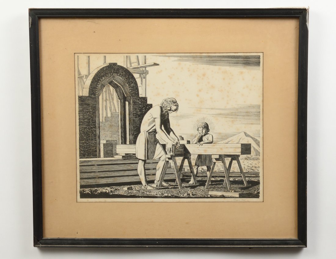ROCKWELL KENT (American. 1882-1971): "Certain Carpenter and Son". Circa 1937. Signed in pencil. Wood Engraving. Image measuring 11 3/4" by 14 7/8". Sheet measuring 16" by 17 7/8". Framed. (Cond: glued down to cardboard, glue residue from