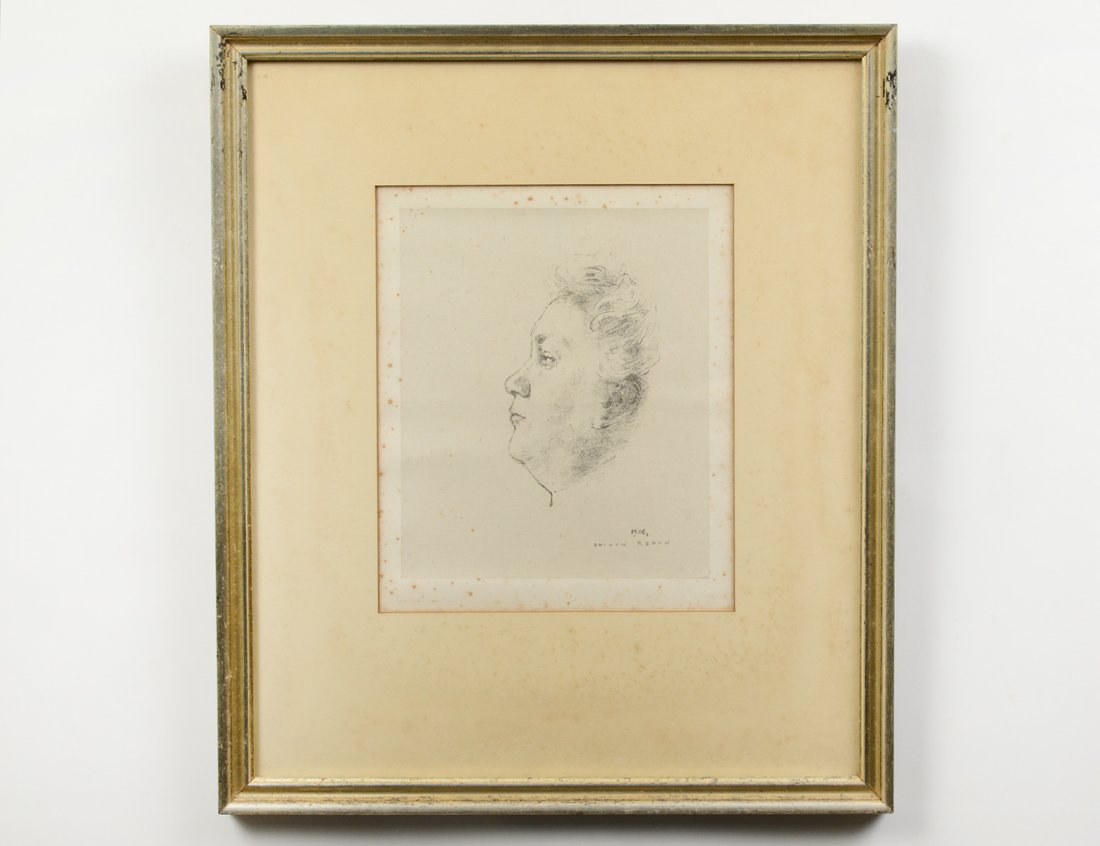 ODILON REDON (French. 1840-1916): "Juliette Dodu". Circa 1904. Signed in the plate. Edition of 50. Lithograph. Image measuring 8 1/8" by 6 7/8". Sheet measuring 16" by 11 1/8". Framed. (Cond: foxing all over, hinged with tape on top)