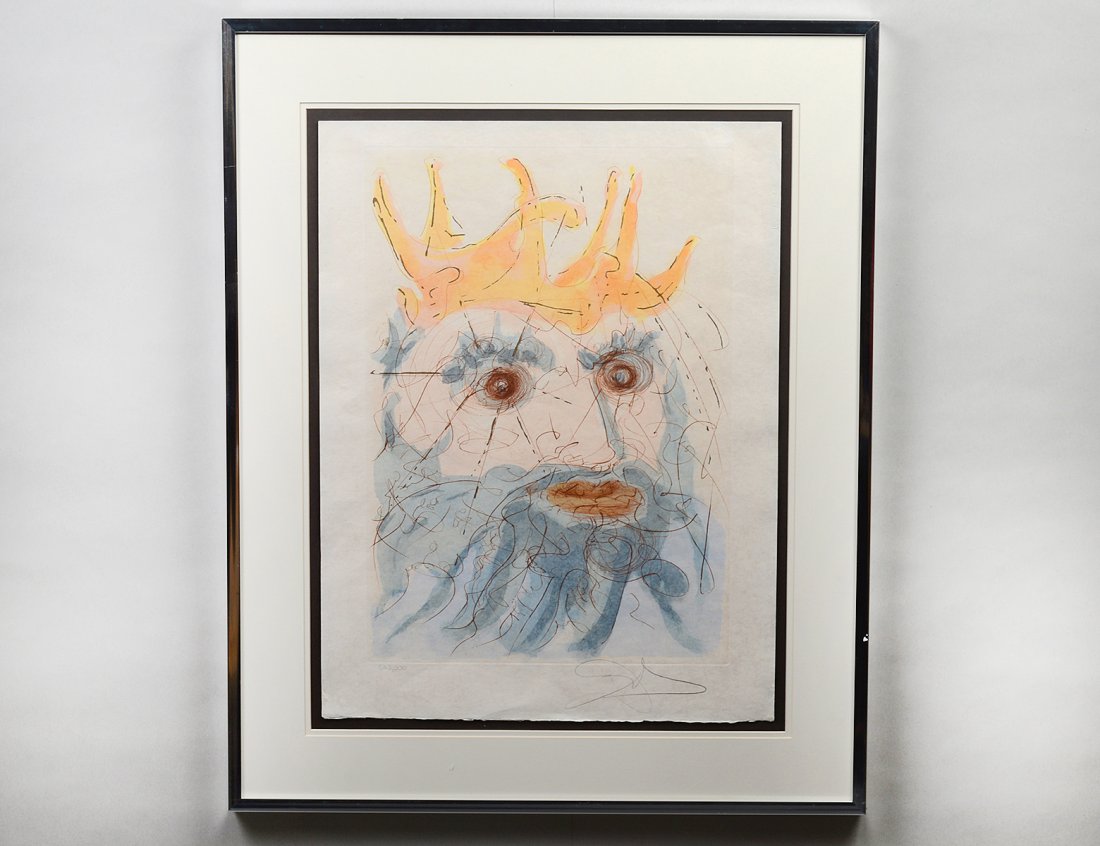 SALVADOR DALI (Spanish. 1904-1989): "King Saul". Signed l/r in pencil and numbered SA 2/300. Intaglio Etching with Color Pochoir. From Our Historical Heritage Suite. Image measuring 22 1/4" by 15 3/4". Sheet measuring 26" by 19 3/4". Ch