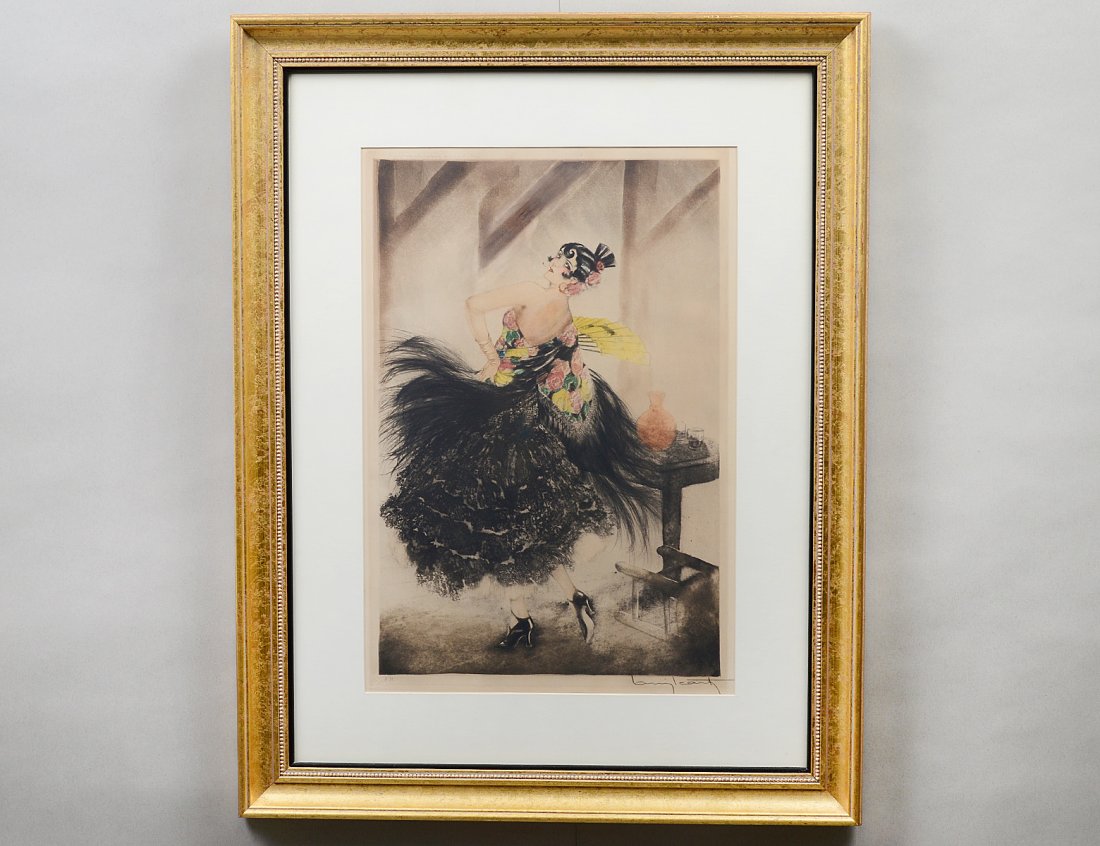 LOUIS ICART (French. 1888-1950): "Carmen". Signed in pencil l/r margin. Copyright 1927, Gravures Moderne, Paris. Windmill blindstamp l/l margin. Drypoint Etching with Aquatint. Image measuring 20" by 13 1/4". Gilded frame behind glas
