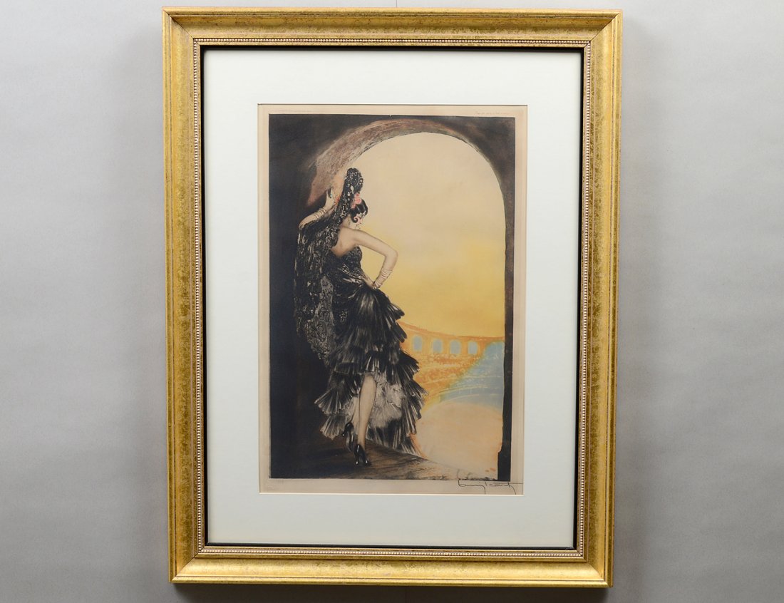LOUIS ICART (French. 1888-1950): "Seville". Signed in pencil l/r margin. No date. Published Les Gravures Modernes Paris. Windmill blindstamp l/l. Drypoint Etching with Aquatint. Image measuring 20" by 13". Gilded frame behind glass.