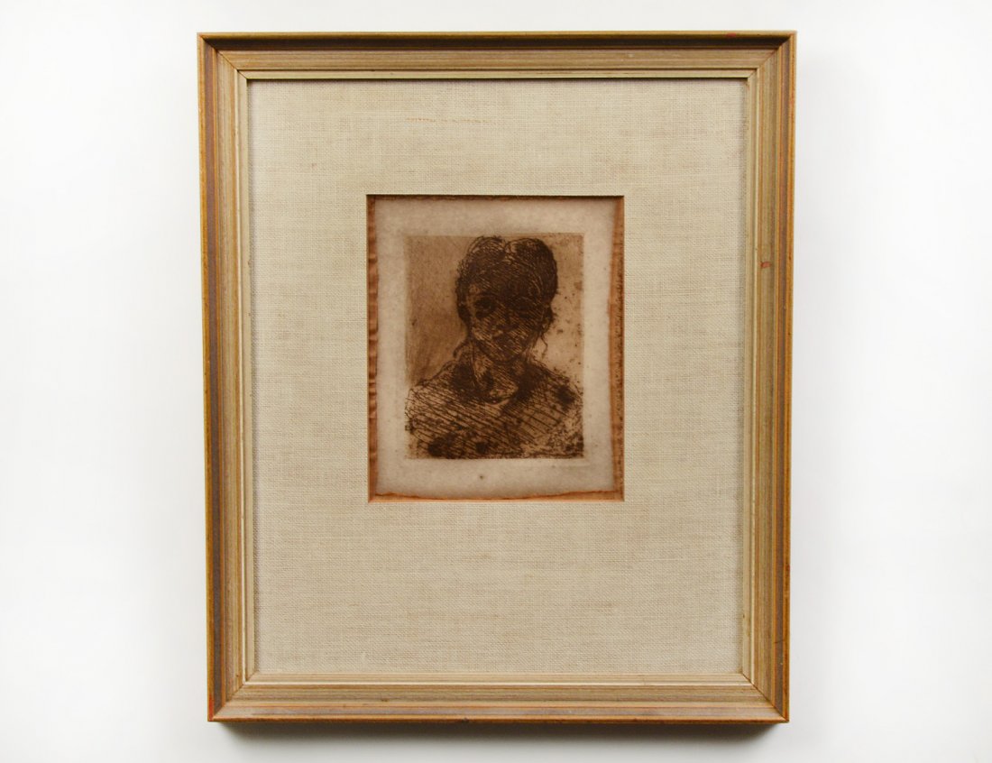 AFTER PAUL CEZANNE (French. 1839-1906): "Jeune Fille". Signed in the plate. Etching. Image measuring 7" by 5 1/2". Sheet measuring 12 7/8" by 9 3/4". Framed. (Cond: time darkened, foxing, acid marks (200/300)