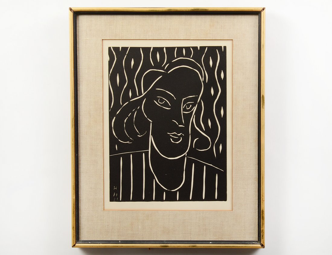 HENRI MATISSE (French. 1869-1954): "Teeny". Circa 1938. Initialed in the plate. Linocut. Image measuring 11 7/8" by 9". Sheet measuring 17" by 13". Framed. (Cond: slight mat burn) (300/400)