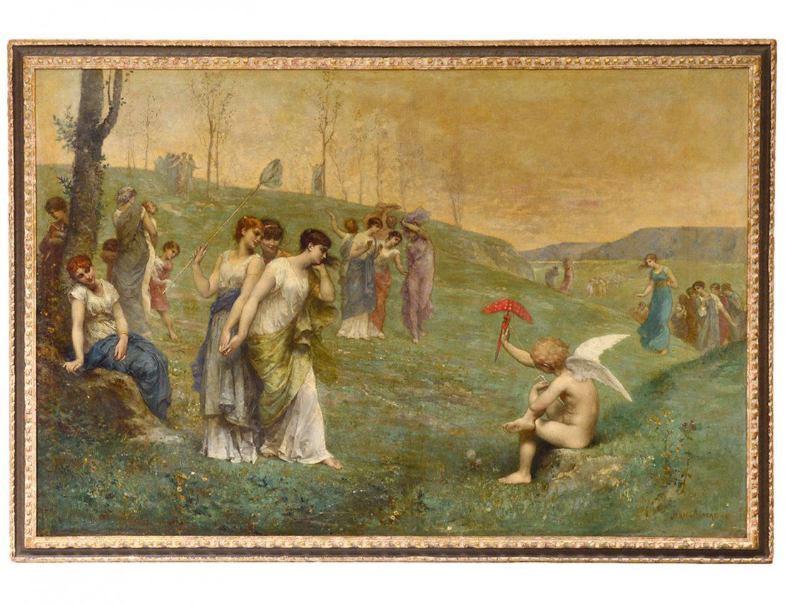 JEAN ERNEST AUBERT (French. 1824-1906): "Cupid with Muses". Signed Jean-Aubert and dated 1882 l/r. Oil on Canvas. Measuring 47 3/4" by 70 3/8". Framed. (Cond: relined, needs cleaning) (20000/30000)