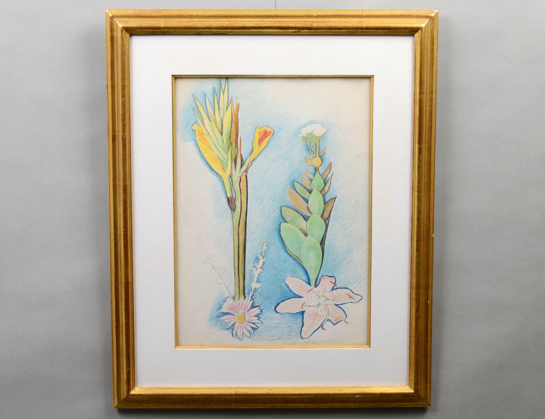 JOSEPH STELLA (Italian/American. 1879-1946): "Floral Still Life". Signed and dated 1919 in pencil l/r. Silver Point and Crayon on Paper. Measuring 19" by 13 1/4". Gilded frame under Plexiglas. (Cond: good) (3000/4000) Provenance: Sid Deutsch Gal