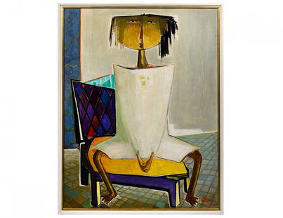 ANGEL BOTELLO (Puerto Rican/Spanish. 1913-1986): "Silla I". Circa 1985. Signed Botello l/r and No. 1549 on the reverse. Oil on Board. Measuring 48" by 36". Framed. (Cond: good, surface fine, no inpainting apparent under u.v. light) (40000/60000) Pro