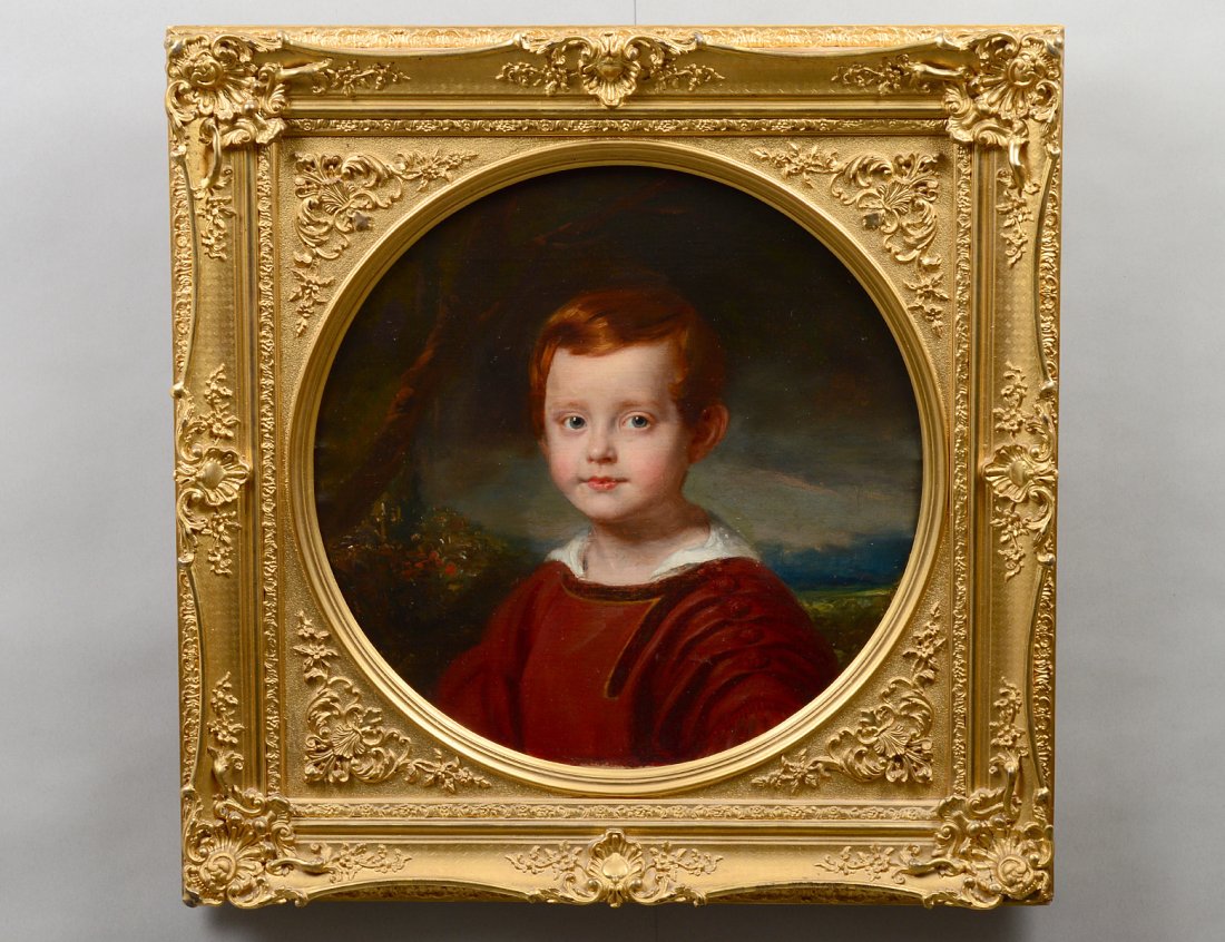 CONTINENTAL SCHOOL (19th Century): "Portrait of a Young Boy with Landscape in the Distance". No visible signature. Oil on Canvas. Measuring 18" by 18". Rococo style period gilded gesso cast exhibition frame. (Cond: relined, minor inpai