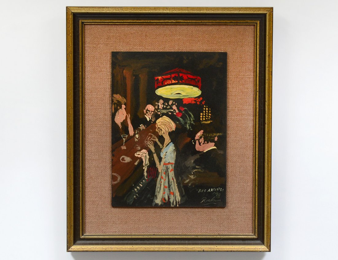 NOEL ROCKMORE (American. 1928-1995): "Cafe Des Artistes". Signed, titled and dated '70 l/r. Oil on Board. Measuring 12" by 9". Framed. (Cond: good) (300/500)