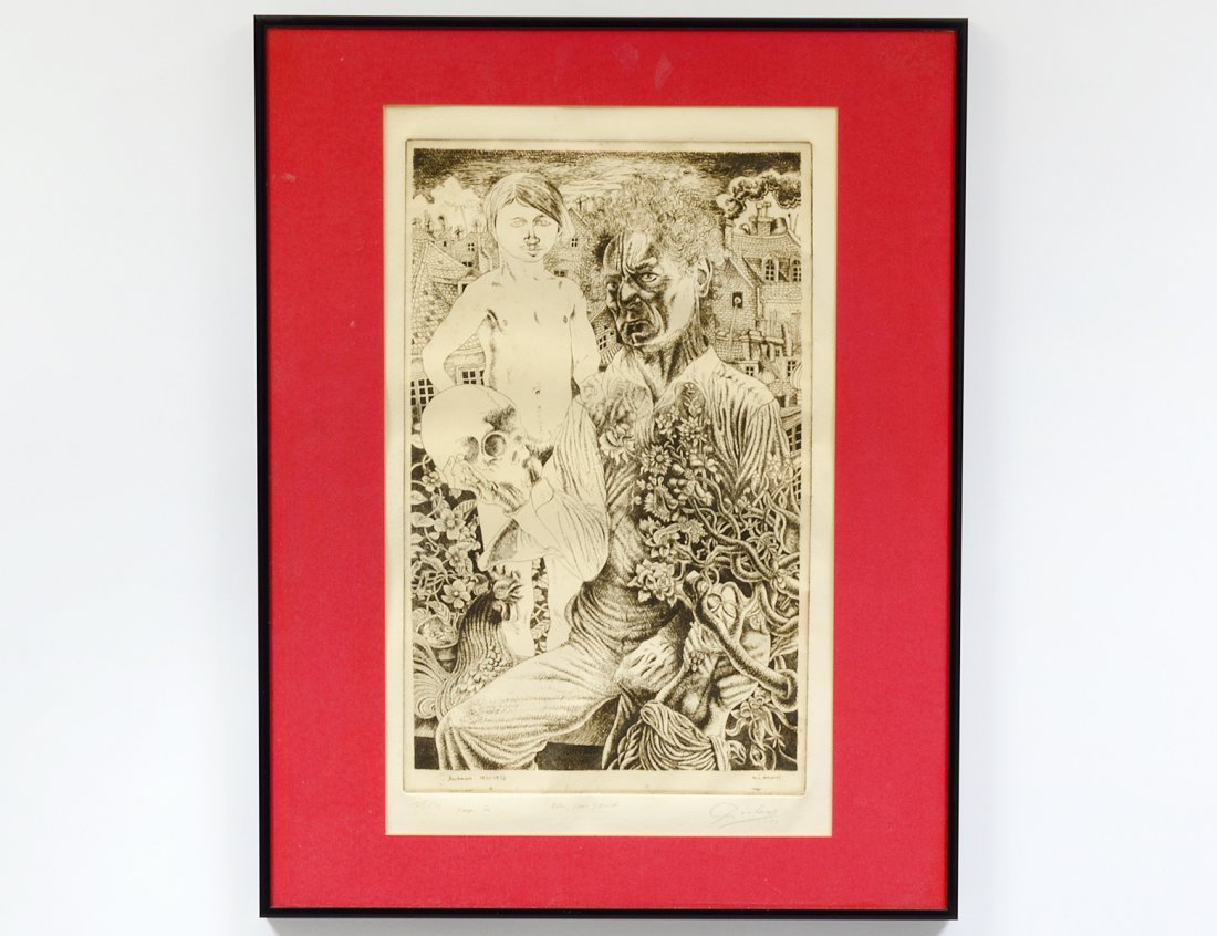 NOEL ROCKMORE (American. 1928-1995): "Alas, Pour Yorick". Signed, dated '73, titled, and #25/16 in pencil. Etching. Signed and inscribed in the plate. Image measuring 14 3/4" by 9 1/4". Sheet measuring 17 1/2" by 10 3/4". Framed behind g