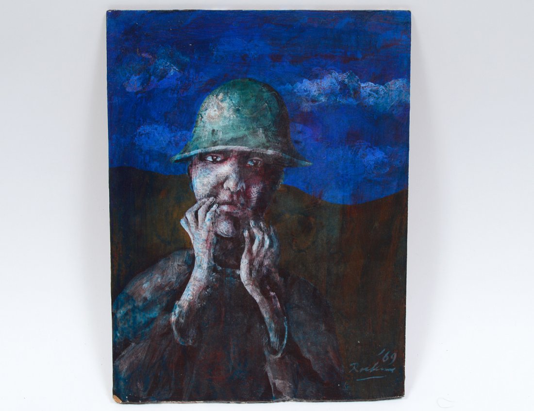 NOEL ROCKMORE (American. 1928-1995): "Afraid Man". Signed and dated '69 l/r. Oil on Masonite. Measuring 11 3/4" by 9". Unframed. (Cond: chip to lower left corner, could use cleaning, otherwise good) (300/400)