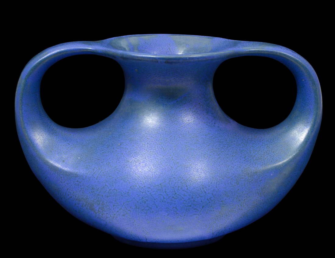 TECO BLUE GLAZED POTTERY VASE: American. With twin handles. Height 5 1/4". (500/700)