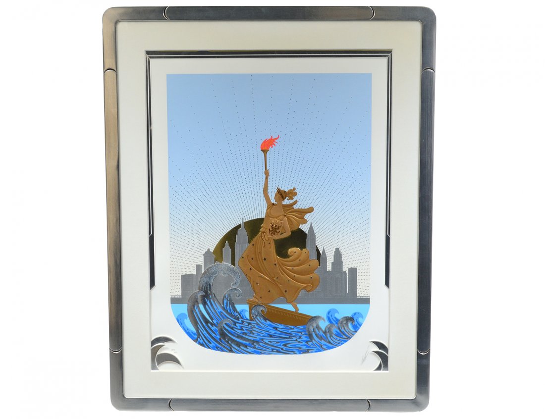 ROMAIN DE TIRTOFF ERTE (Russian/French. 1892-1990): "Statue of Liberty, Day". Signed l/r in pencil and #392/300. Serigraph with Embossing. Circa 1986. Sight measuring 31 1/4" by 24". Framed behind glass. (Cond: good) (1000/1500)