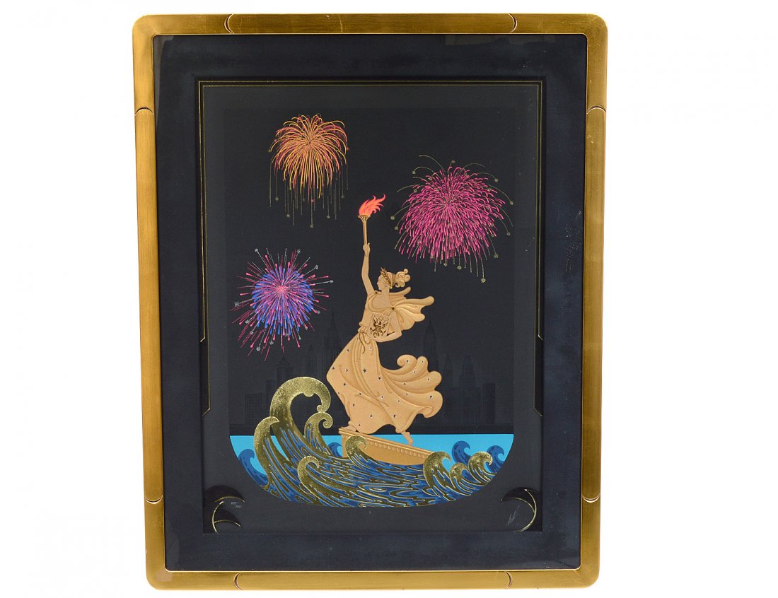 ROMAIN DE TIRTOFF ERTE (Russian/French. 1892-1990): "Statue of Liberty, Night". Signed l/r and #293/300. Serigraph with Embossing. Circa 1986. Sight measuring 31 1/4" by 24". Framed behind glass. (Cond: good) (1000/1500)