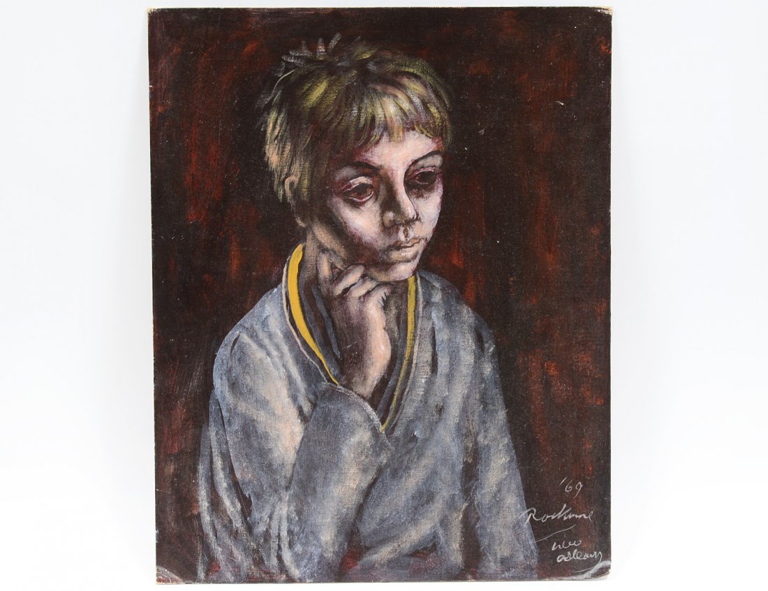 NOEL ROCKMORE (American. 1928-1995): "Portrait of a Blond Haired Boy". Signed, dated '69 and inscribed "New Orleans" l/r. Oil on Canvas Board. Measuring 16" by 20". Unframed. (Cond: lower corners have been bumped and are creased) (500/70